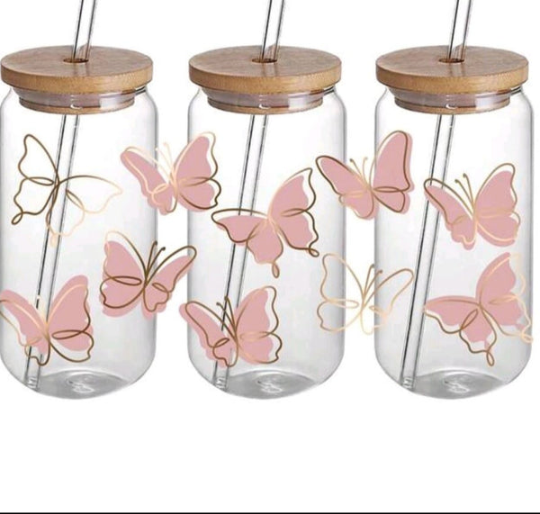 Pink Butterfly 16oz Glass Can