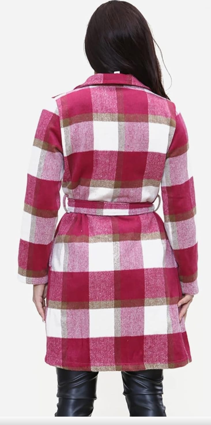 Womens Long Sleeve Button Down Collared Shacket Checkered Belted Shirt Longline Coat