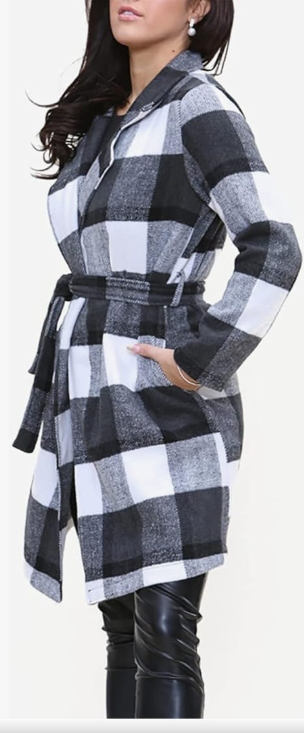 Womens Long Sleeve Button Down Collared Shacket Checkered Belted Shirt Longline Coat