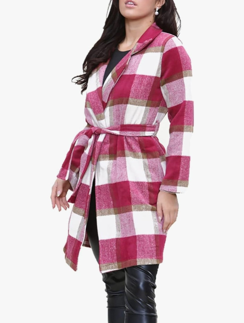 Womens Long Sleeve Button Down Collared Shacket Checkered Belted Shirt Longline Coat