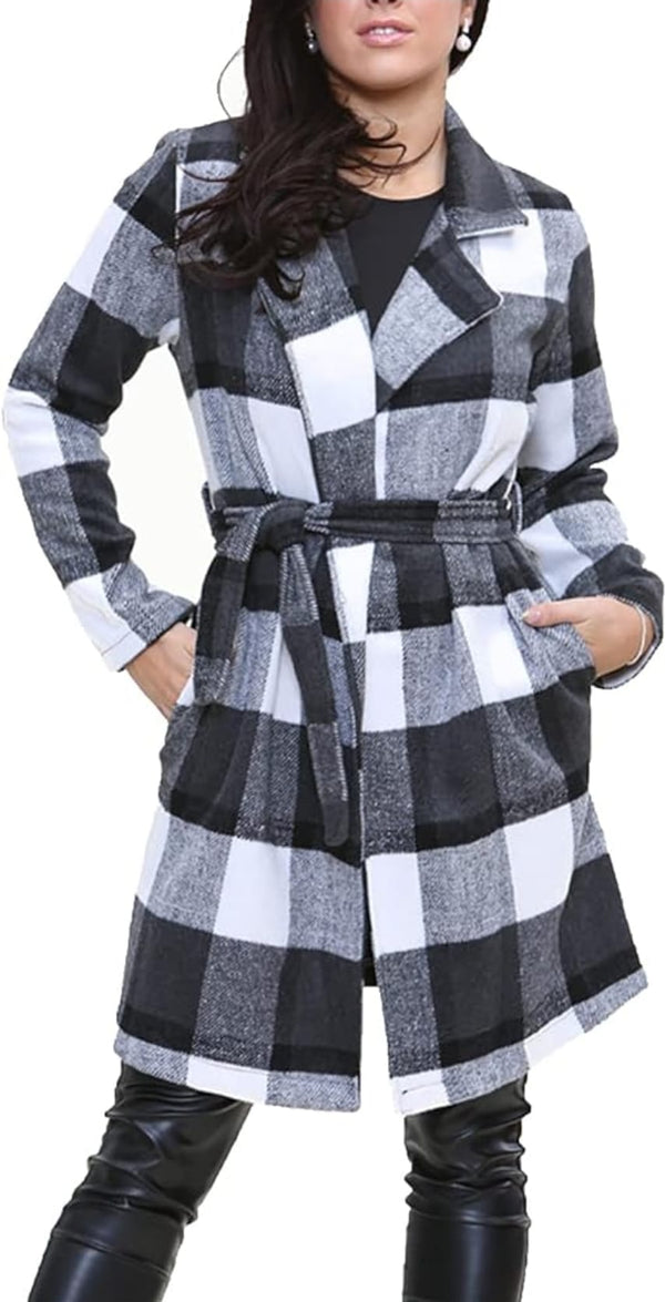 Womens Long Sleeve Button Down Collared Shacket Checkered Belted Shirt Longline Coat