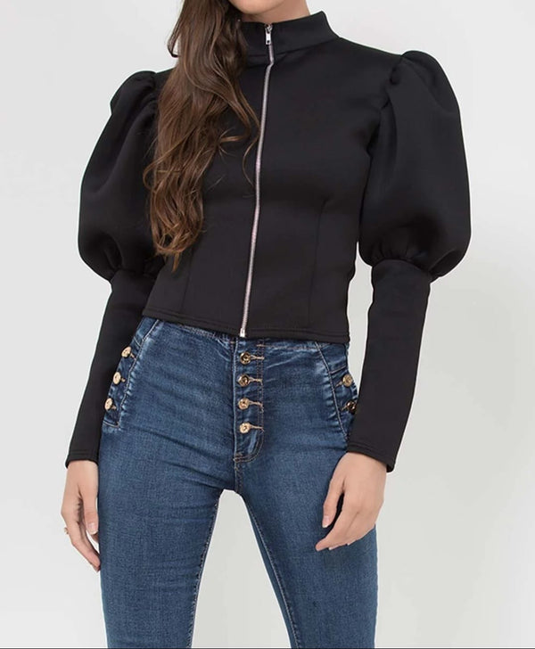 Puff Sleeve Zip Up Jacket Black